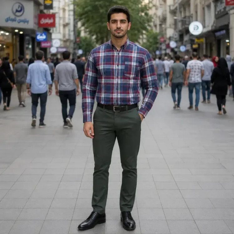 پیراهن آستین بلند مردانه نخی چهارخانه قواره آزاد جنس نخ پنبه