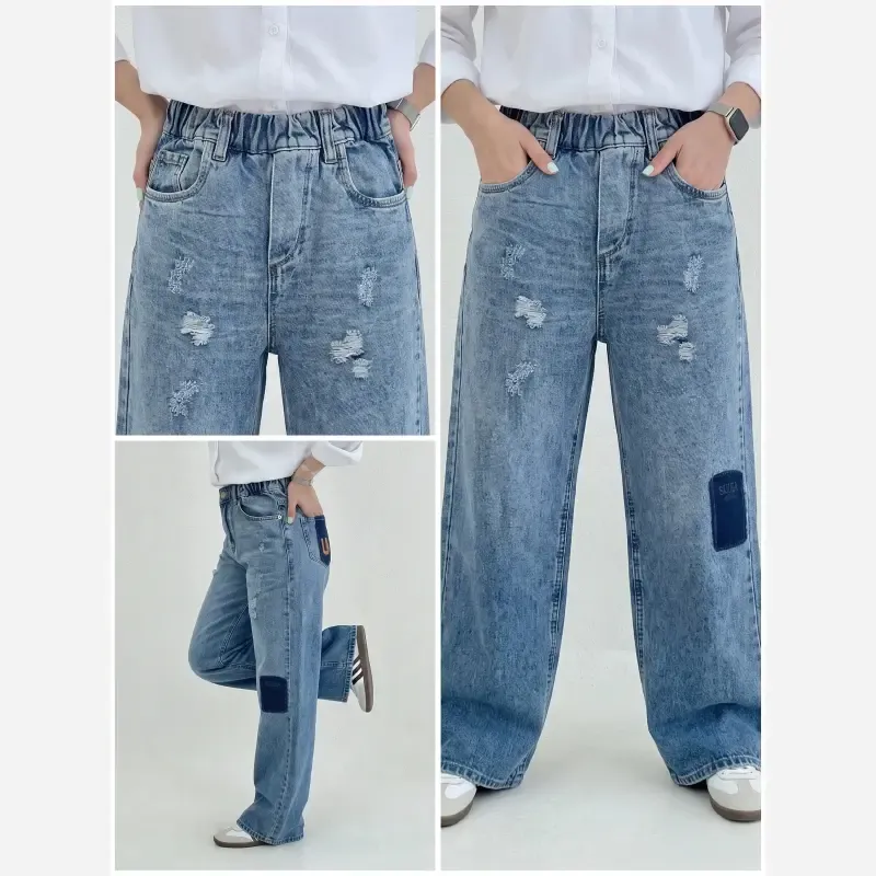 شلوار جین بگ اسپرت دختر و پسر 7 تا 14 سال زاپ دار پچ دار کمر کشی جین ترک باکیفیت