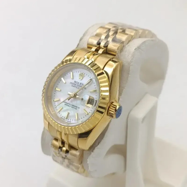 ساعت زنانه رولکس دیت جاست طلایی صفحه سفید موتور کوارتز ژاپن قاب بند استیل