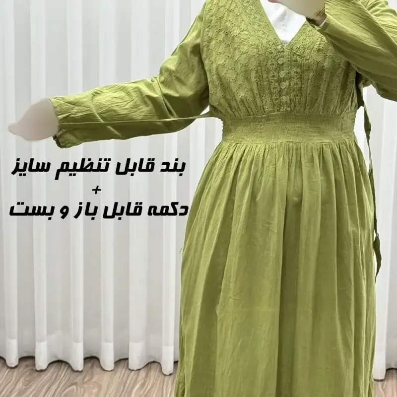 پیراهن ساحلی زنانه آستین بلند نخی تافته فری سایز مدل سلن دکمه دار آستردار