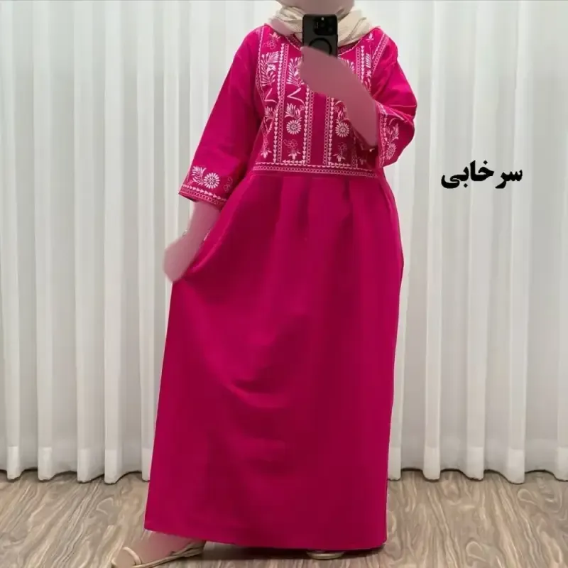پیراهن زنانه لینن طرح مایا فری سایز مناسب تا 48 با کمربند